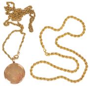 A contemporary 9ct gold rope twist chain necklace together with a circular Edwardian 9ct gold '