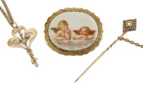 A small Art Nouveau scroll pendant on gilt chain a thread work and half pearl set Victorian pin,