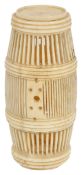 A Chinese 19th century bone cricket cage of barrel form with several pin sized holes to the centre