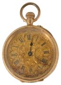 A 14K gold Ladies open cased pocket watch with gilt foliate engraved dial with Roman numeral