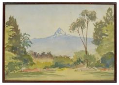 A 20th century watercolour, British School, depicting the Provence Alps from a garden view,