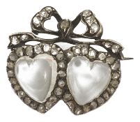 A charming 19th Century twin moonstone heart and rose diamond love brooch with central heart