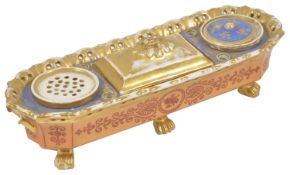 A porcelain desk ink stand, late 19th century, possibly Derby of rectangular rounded form with