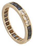 A sapphire and diamond set full eternity ring the white metal mount set with three square cut