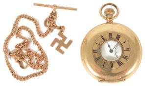A Waltham 14ct gold plated half hunter pocket watch the white dial with Roman numeral hours, baton