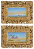 Two colourful 20th century watercolours, depicting the pyramids with palm trees and figures near