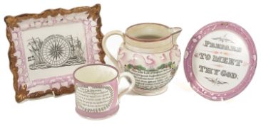 A selection of Sunderland pink lustreware, mid 19th century comprising of a jug 'Sailors' Farewell',