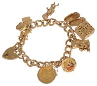 A 9ct gold curb link charm bracelet each link marked and with a 1913 half sovereign pendant and