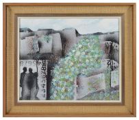 Jack Pakenham (Irish b.1938) Landscape with figures and numbers, oil on board, framed, signed