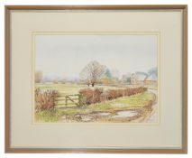 Bill Toop (British 1943 - 2016) mountainous scene with a church and house beside a hedged field,