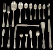 A collection of 19th and 20th century silver flatware comprising two serving spoons, two dessert