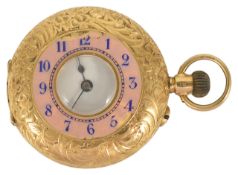 A Ladies 18ct gold half hunter pocket watch the outer leaf engraved case with pink enamel chapter