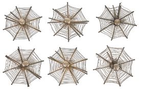 A set of six Chinese export white metal spider web menu holderseach of the wire framed holders in