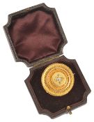 A Victorian diamond set Etruscan style circular broochthe brooch tiered and with intricate thread
