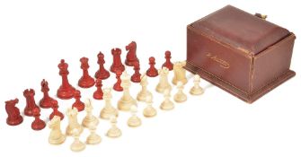 A good Victorian Jaques Staunton ivory chess set in leather covered casecomplete with a total of