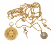 A ladies 18k gold Badollet a Geneve half hunter pocket watch with 10k gold longuard the gilt dial