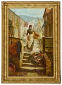 C.E Gordon Stuart (British active 1882 - 1896)'Hanging out the washing', a street scene depicting