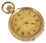 A 14k L'Excel Sior gold ladies open faced pocket watch,with black painted roman hours and dot