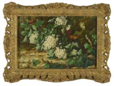 Ralph J Mackay (British) forest foliage still life, with ivy and butterflies, signed Ralph J Mackay