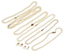 A collection of six cultured pearl necklaces and earringsto include an opera length string with