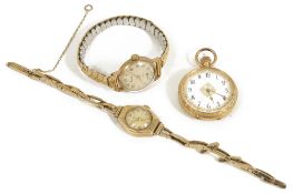 A ladies 18k gold open faced pocket watch, the white enamel dial with arabic numerals and gilt