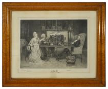 Delapoer Downing (1853 - 1926)'Dinner Party' etching of a couple dining with their host asleep,