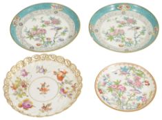 A pair of Minton porcelain saucers and a Dresden porcelain saucer,the pair of Minton saucers with