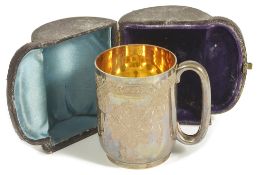 A Victorian silver christening mug, London 1878of typical form with flower head engraved bands,