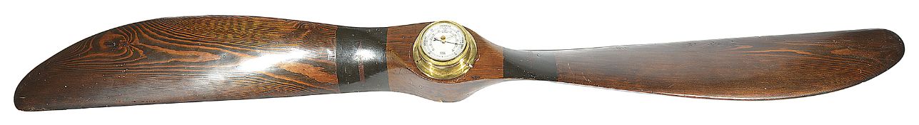 A painted pine twin blade propeller with central modern brass barometer, 20th century, (2)length:
