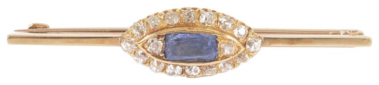 A Victorian sapphire and rose diamond marquis cluster bar broochhaving rectangular light blue
