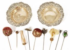 A selection of silver, Charles Horner hat pin and trinkets dishes,the green pear shaped bead with