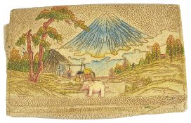 A 1930's pressed leather Japanese style handbag with ivorine elephant and zip tag, decorated with