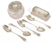 Miscellaneous silver: dressing table containers and spoonscomprising two silver topped dressing