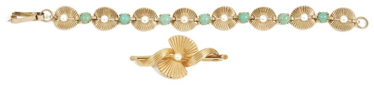 A Continental turquoise and pearl set sunburst link bracelet, circa 1950each rose gold sunburst link
