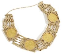 A fine gold half sovereign mounted gold braceletthe six bar 9ct gold bracelet mounted with four fine