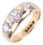 A gentleman's 18ct gold mounted three stone diamond set ring,