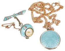 An Edwardian pale blue, rose decorated, guilloche enamel silver ball fob watch,