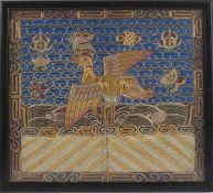 A pair of Chinese silk embroidered civil rank badges, Buzi, late Qing