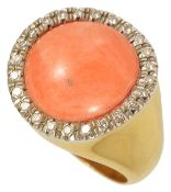 A large circular coral and diamond set cluster cocktail ring,