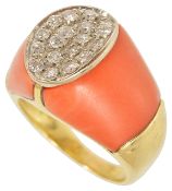 A striking red coral and pave diamond set panel cocktail ring,