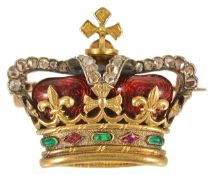 A good quality diamond and gem set enamel crown brooch