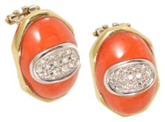 The matching red coral and pave diamond set earrings