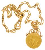 A George V fine gold sovereign with 18ct gold mount and chain