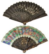Two Chinese hand painted and lacquer decorated fans