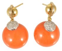 A pair of attractive red coral and diamond Continental circular ear drops,