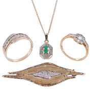 A contemporary 9ct gold diamond set leaf brooch