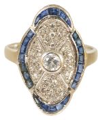 An attractive Art Deco style sapphire and diamond panel ring,