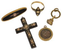 A Georgian enamelled memorial ring and four other memorial items,