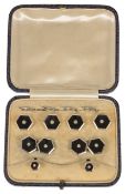 A set of Art Deco hexagonal onyx and diamond set cufflinks and matching dress studs