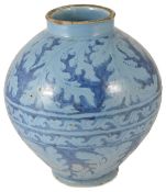 A large 17th/18th century Italian berrettino ground faience storage jar, probably Italian, the ovoid